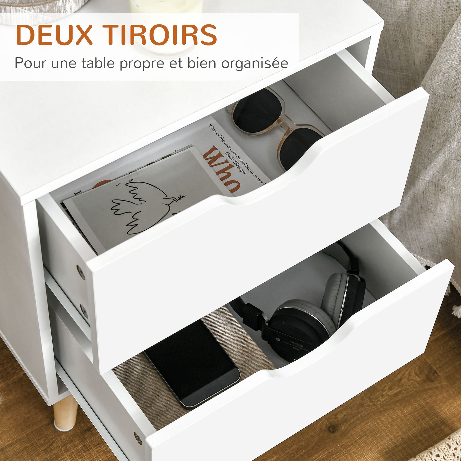 Bedside Table Nightstand with 2 Drawers, Scandinavian Style for Bedroom, Living Room, 40 x 35 x 50.5 cm, White