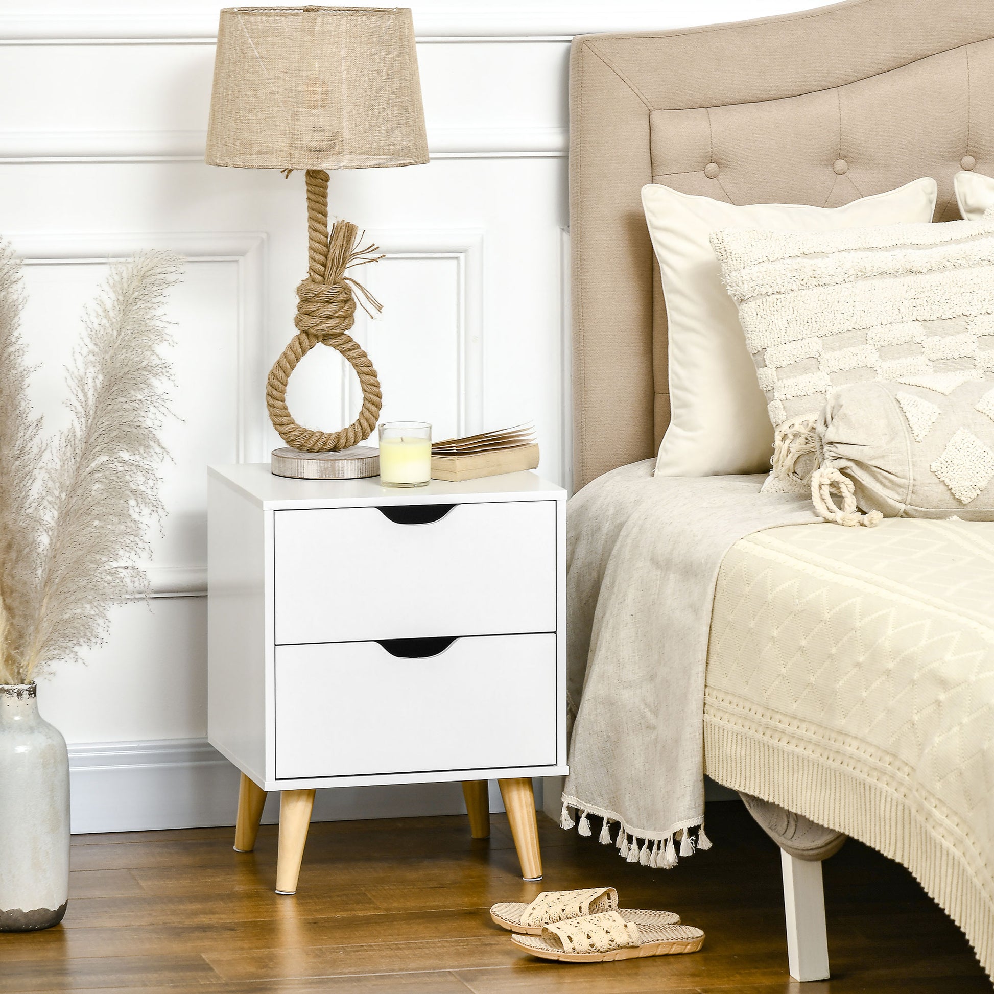 Bedside Table Nightstand with 2 Drawers, Scandinavian Style for Bedroom, Living Room, 40 x 35 x 50.5 cm, White