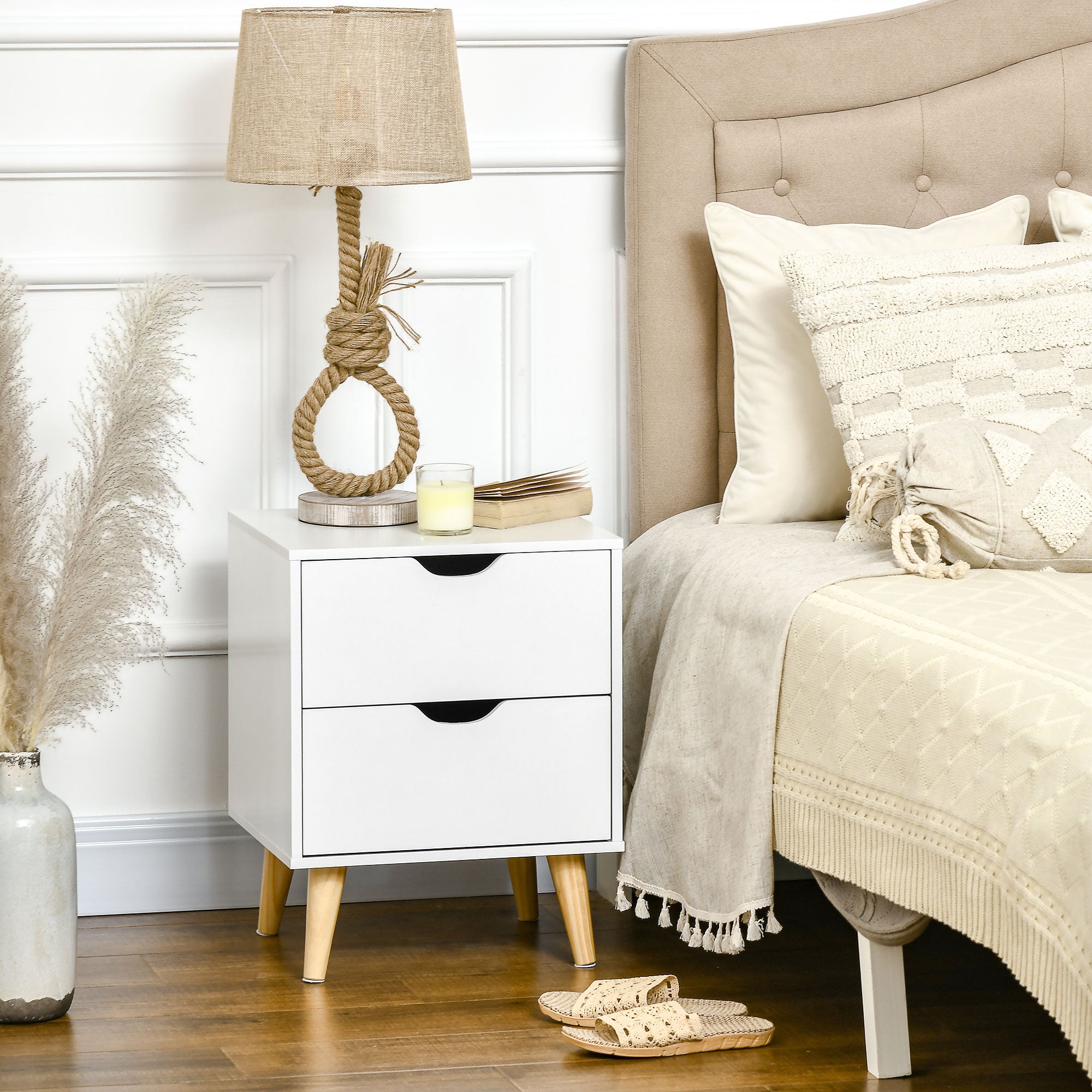 Bedside Table Nightstand with 2 Drawers, Scandinavian Style for Bedroom, Living Room, 40 x 35 x 50.5 cm, White