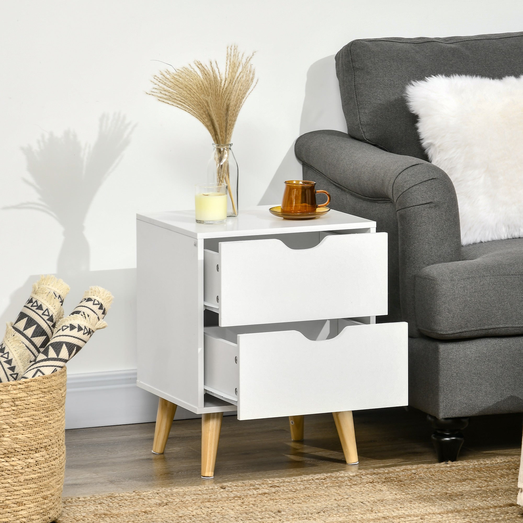 Bedside Table Nightstand with 2 Drawers, Scandinavian Style for Bedroom, Living Room, 40 x 35 x 50.5 cm, White