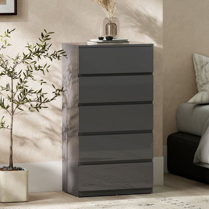 5-Drawer High-Gloss Dresser with Soft-Close Drawers, Handleless Modern Chest for Bedroom, Living Room or Hallway — 20.9 × 13.4 × 39.4 in (Gray)