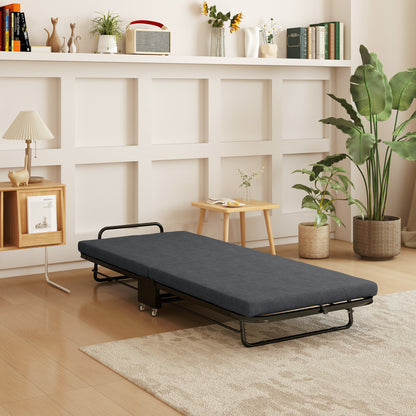 Single Folding Bed 188 x 76 cm, Foldable Guest Bed with 7 cm Mattress on Wheels with Adjustable Backrest, 150 Kg Weight Capacity, Dark Grey