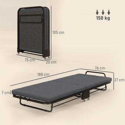 Single Folding Bed 188 x 76 cm, Foldable Guest Bed with 7 cm Mattress on Wheels with Adjustable Backrest, 150 Kg Weight Capacity, Dark Grey