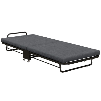 Single Folding Bed 188 x 76 cm, Foldable Guest Bed with 7 cm Mattress on Wheels with Adjustable Backrest, 150 Kg Weight Capacity, Dark Grey