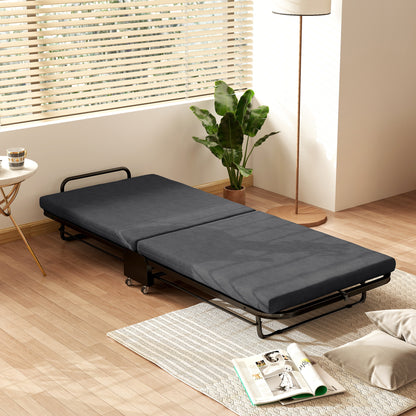 Single Folding Bed 188 x 76 cm, Foldable Guest Bed with 7 cm Mattress on Wheels with Adjustable Backrest, 150 Kg Weight Capacity, Dark Grey