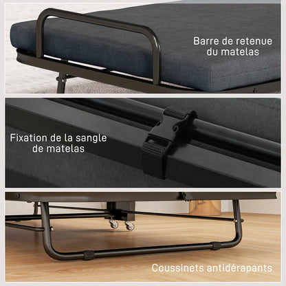 Single Folding Bed 188 x 76 cm, Foldable Guest Bed with 7 cm Mattress on Wheels with Adjustable Backrest, 150 Kg Weight Capacity, Dark Grey