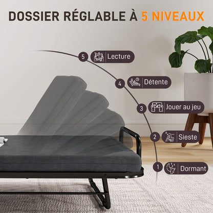 Single Folding Bed 188 x 76 cm, Foldable Guest Bed with 7 cm Mattress on Wheels with Adjustable Backrest, 150 Kg Weight Capacity, Dark Grey