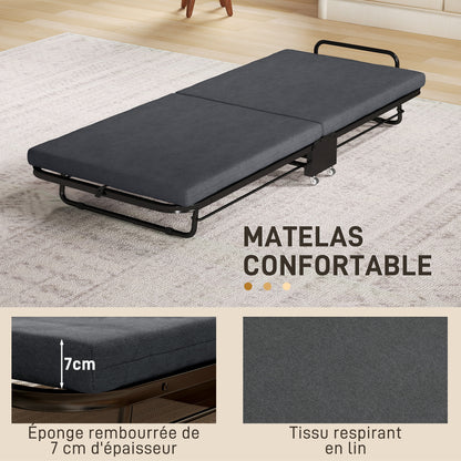 Single Folding Bed 188 x 76 cm, Foldable Guest Bed with 7 cm Mattress on Wheels with Adjustable Backrest, 150 Kg Weight Capacity, Dark Grey
