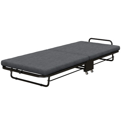 Single Folding Bed 188 x 76 cm, Foldable Guest Bed with 7 cm Mattress on Wheels with Adjustable Backrest, 150 Kg Weight Capacity, Dark Grey