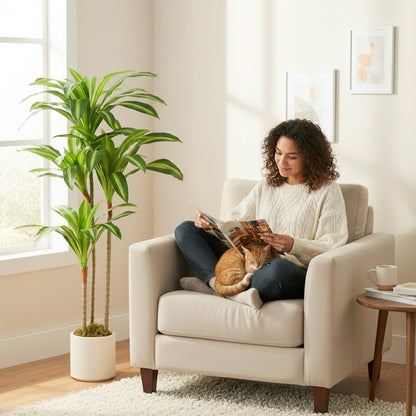 Dracaena Artificial Plant with Adjustable Branches, White PP & Cement Pot – PEVA Leaves & Wood Trunk, 60 × 40 × 120 cm (24 × 16 × 47 in)