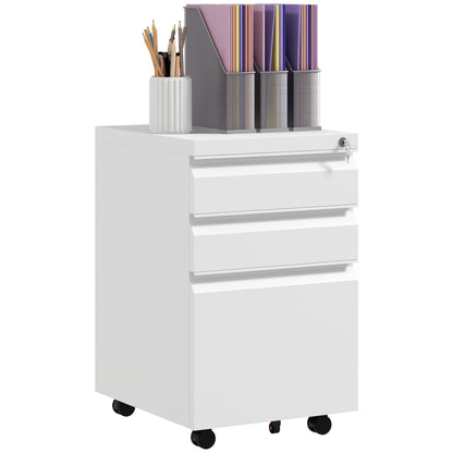 Office Cabinet with 3 Drawers, Adjustable Bar and Tray, 5-Wheel File Cabinet in Steel, 37x43.5x60 cm, White