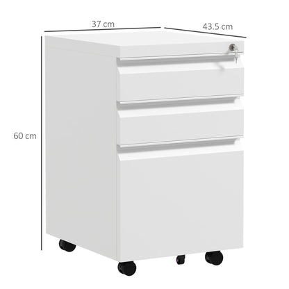 Office Cabinet with 3 Drawers, Adjustable Bar and Tray, 5-Wheel File Cabinet in Steel, 37x43.5x60 cm, White