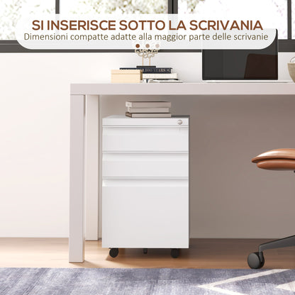 Office Cabinet with 3 Drawers, Adjustable Bar and Tray, 5-Wheel File Cabinet in Steel, 37x43.5x60 cm, White