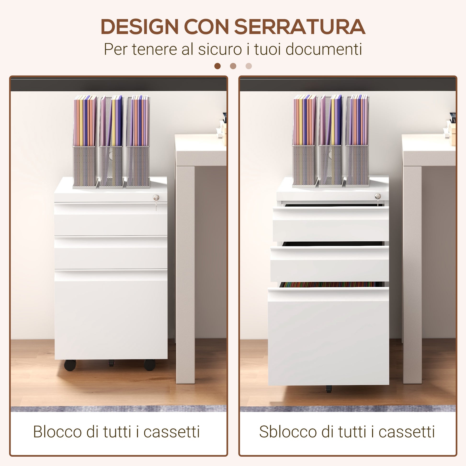 Office Cabinet with 3 Drawers, Adjustable Bar and Tray, 5-Wheel File Cabinet in Steel, 37x43.5x60 cm, White