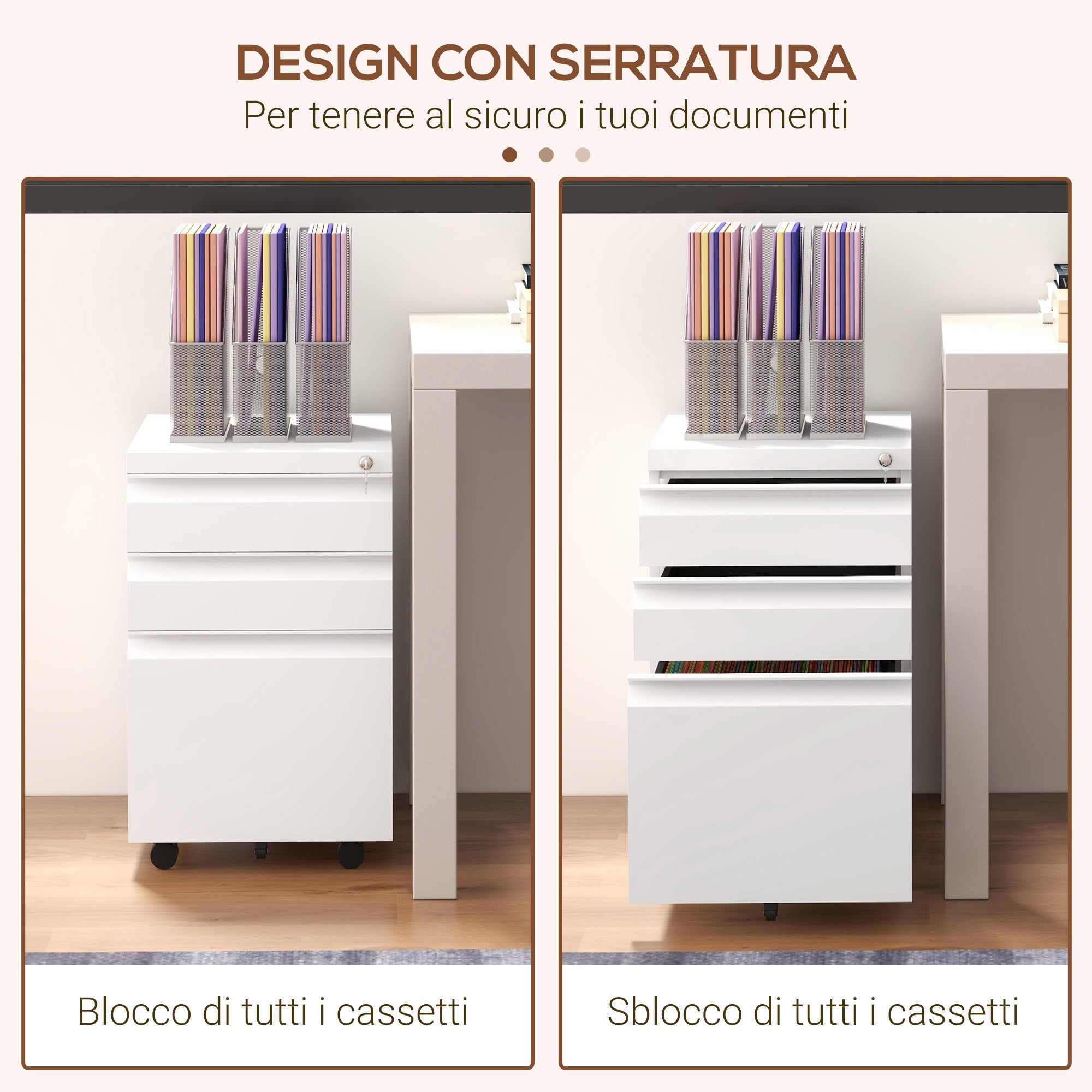 Office Cabinet with 3 Drawers, Adjustable Bar and Tray, 5-Wheel File Cabinet in Steel, 37x43.5x60 cm, White