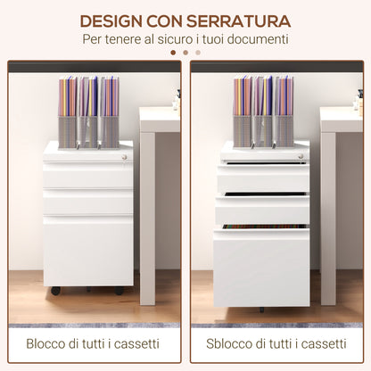 Office Cabinet with 3 Drawers, Adjustable Bar and Tray, 5-Wheel File Cabinet in Steel, 37x43.5x60 cm, White