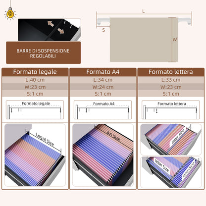 Office Cabinet with 3 Drawers, Adjustable Bar and Tray, 5-Wheel File Cabinet in Steel, 37x43.5x60 cm, White