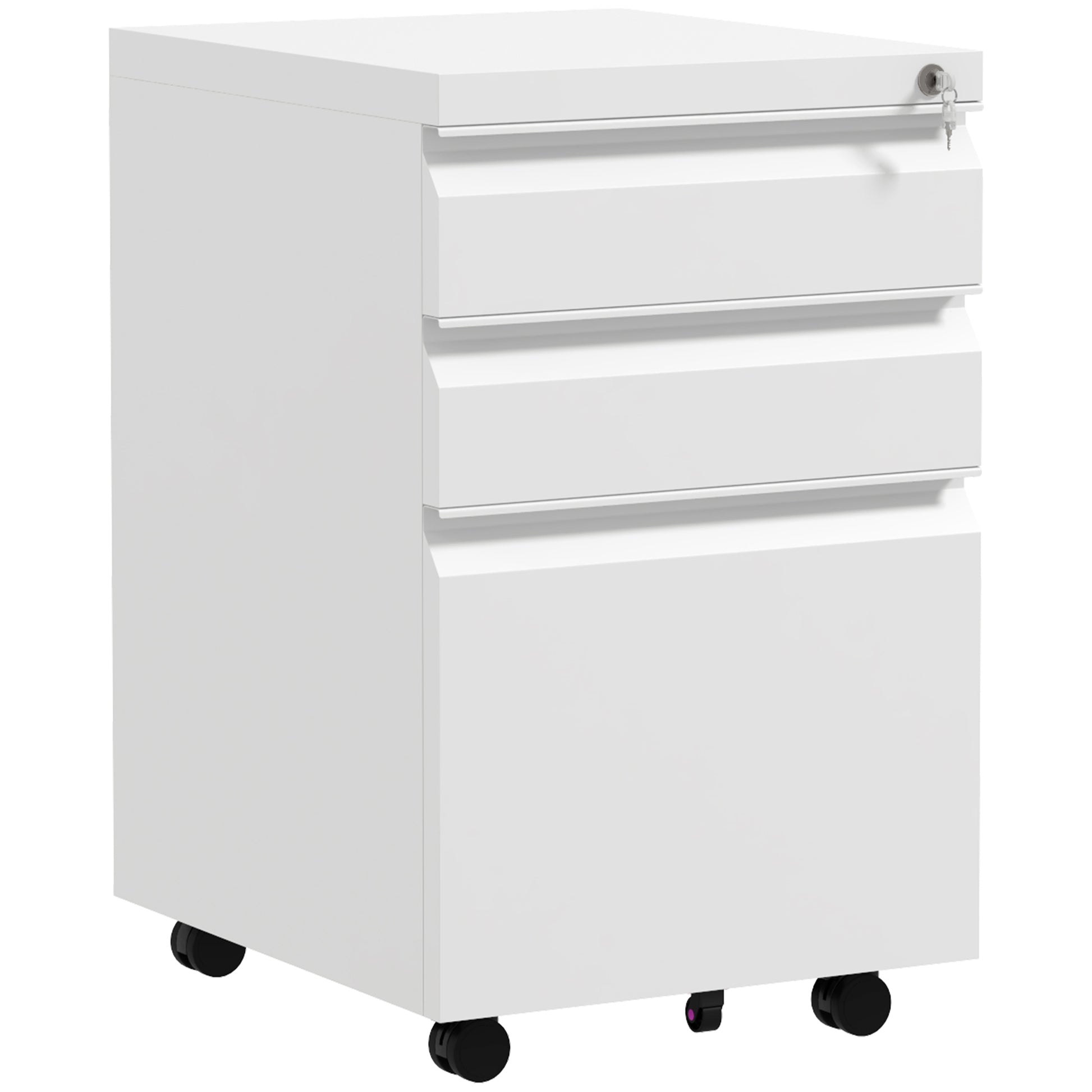 Office Cabinet with 3 Drawers, Adjustable Bar and Tray, 5-Wheel File Cabinet in Steel, 37x43.5x60 cm, White