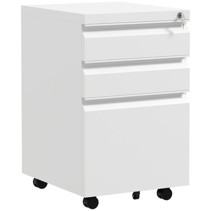 Office Cabinet with 3 Drawers, Adjustable Bar and Tray, 5-Wheel File Cabinet in Steel, 37x43.5x60 cm, White