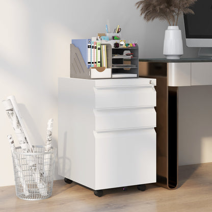 Office Cabinet with 3 Drawers, Adjustable Bar and Tray, 5-Wheel File Cabinet in Steel, 37x43.5x60 cm, White