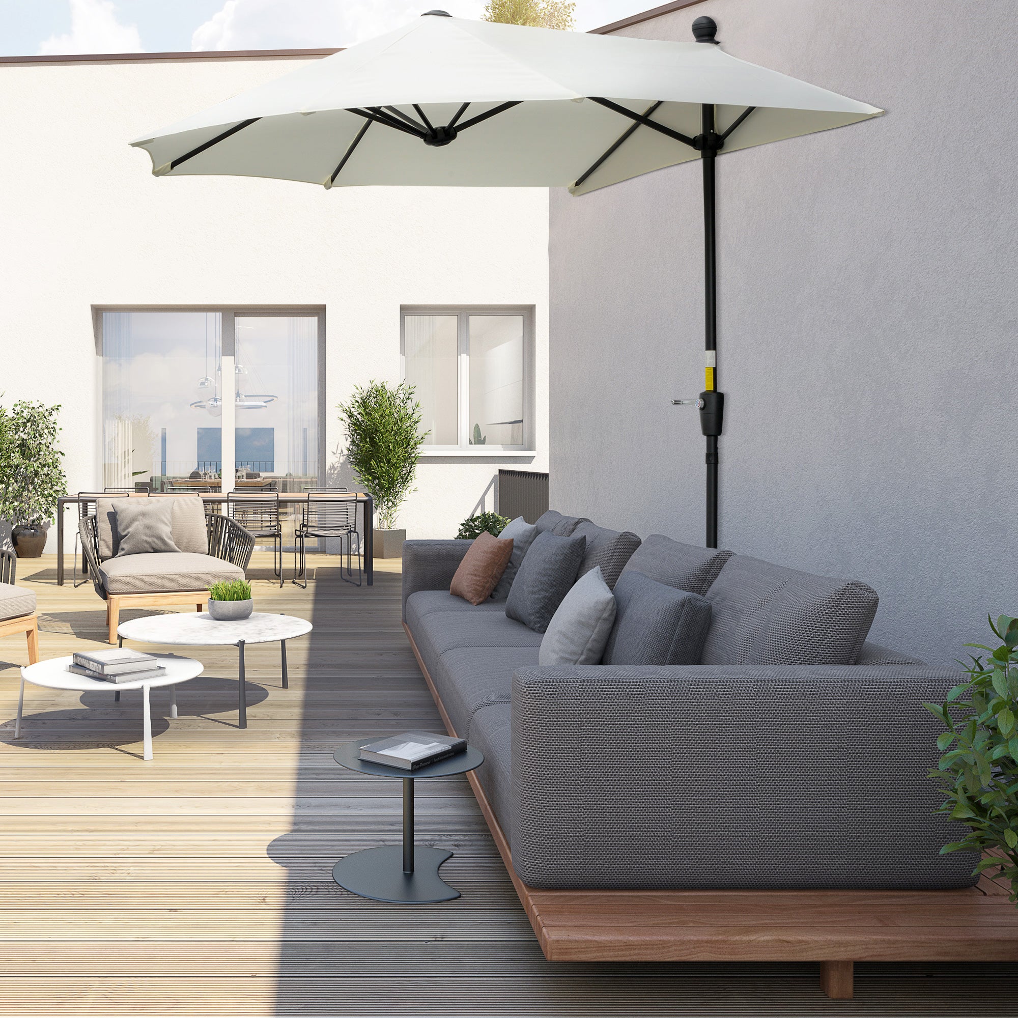 Garden Wall Umbrella 200x190x240 cm Patio Parasol with Crank Steel Pole and Cross Base Anti-UV for Terrace Balcony Cream