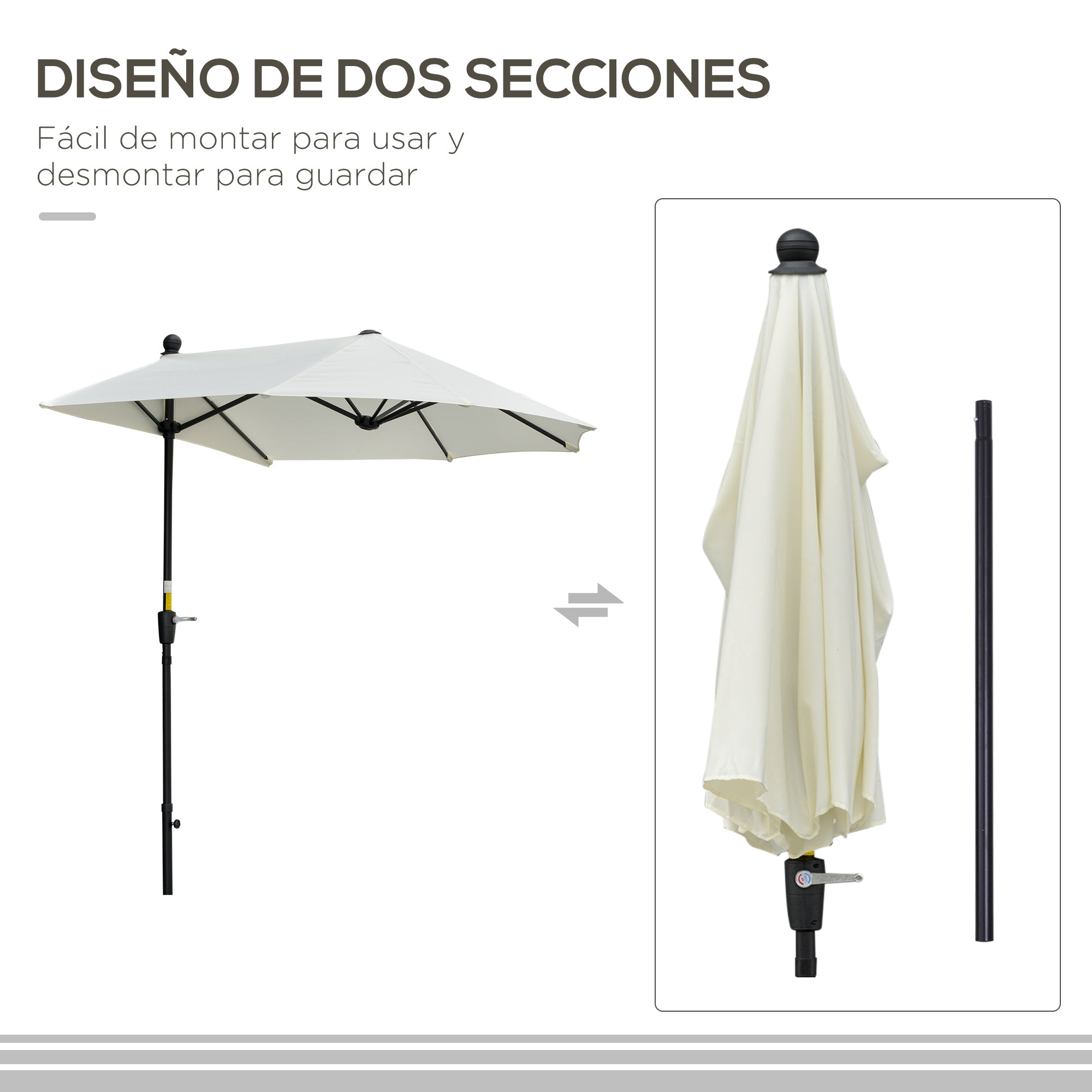 Garden Wall Umbrella 200x190x240 cm Patio Parasol with Crank Steel Pole and Cross Base Anti-UV for Terrace Balcony Cream