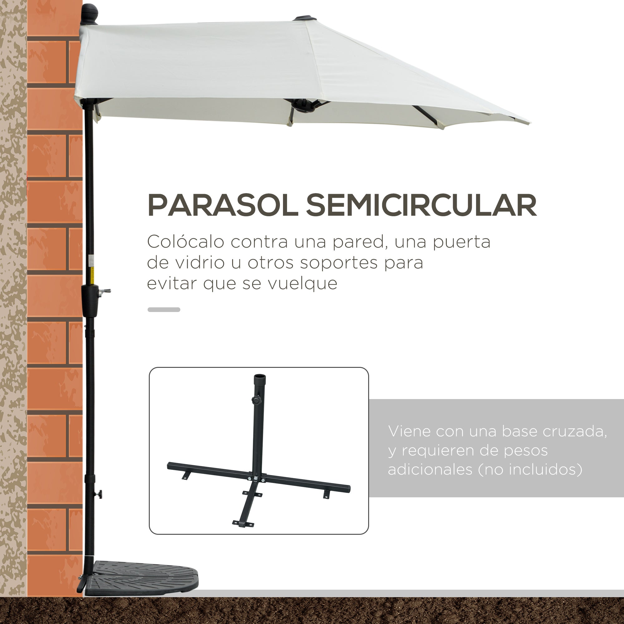 Garden Wall Umbrella 200x190x240 cm Patio Parasol with Crank Steel Pole and Cross Base Anti-UV for Terrace Balcony Cream