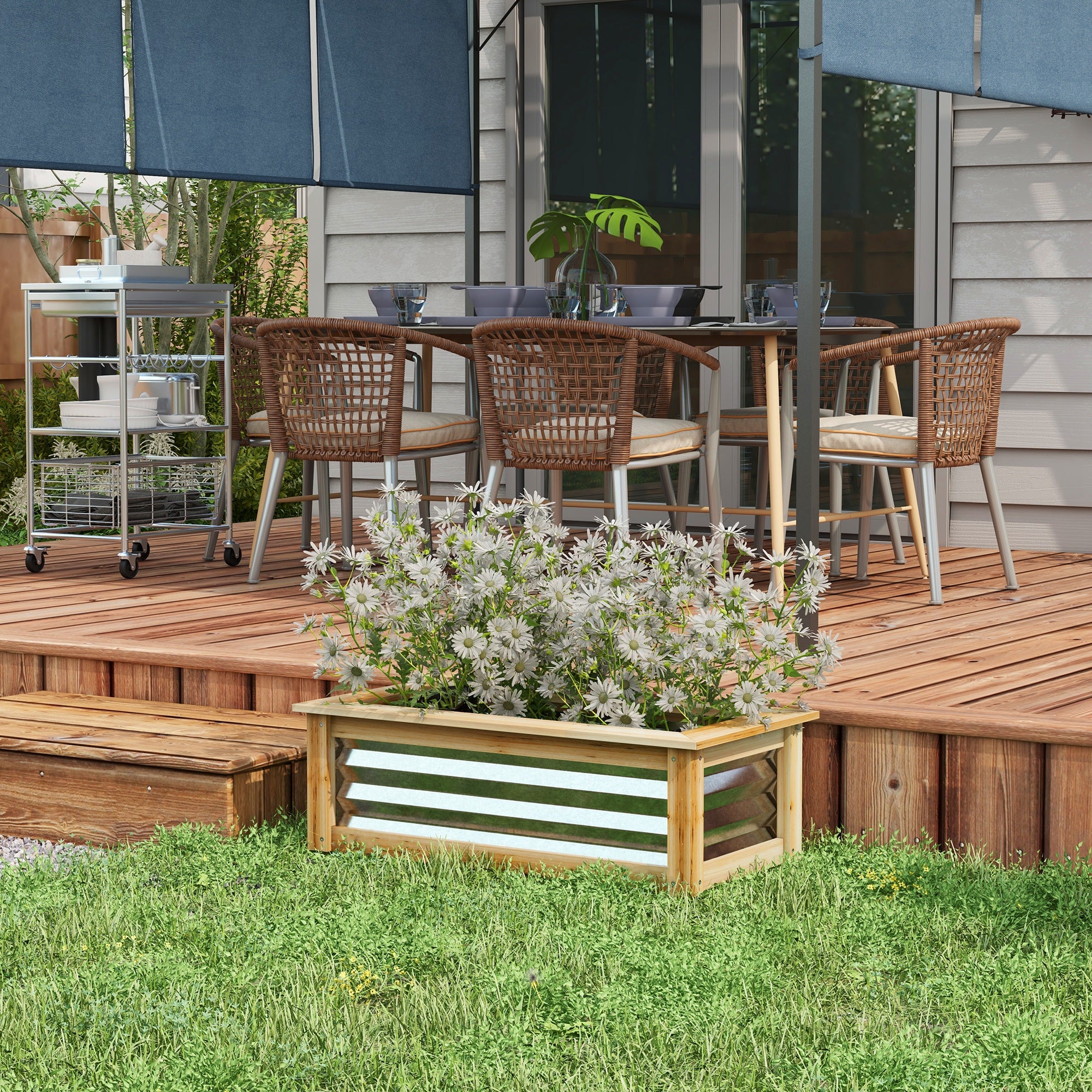 Metal Raised Bed, Flower Planter Box with Wooden Frame, Vegetable Bed, Herb Bed for Garden, Balcony, Natural, 90 x 45 x 30 cm