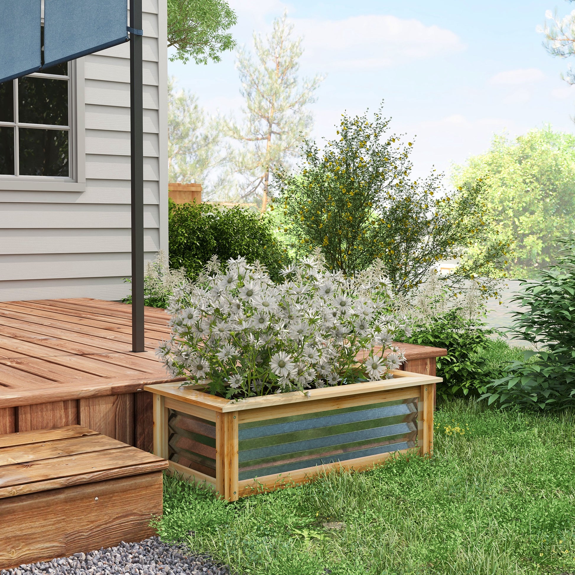 Metal Raised Bed, Flower Planter Box with Wooden Frame, Vegetable Bed, Herb Bed for Garden, Balcony, Natural, 90 x 45 x 30 cm