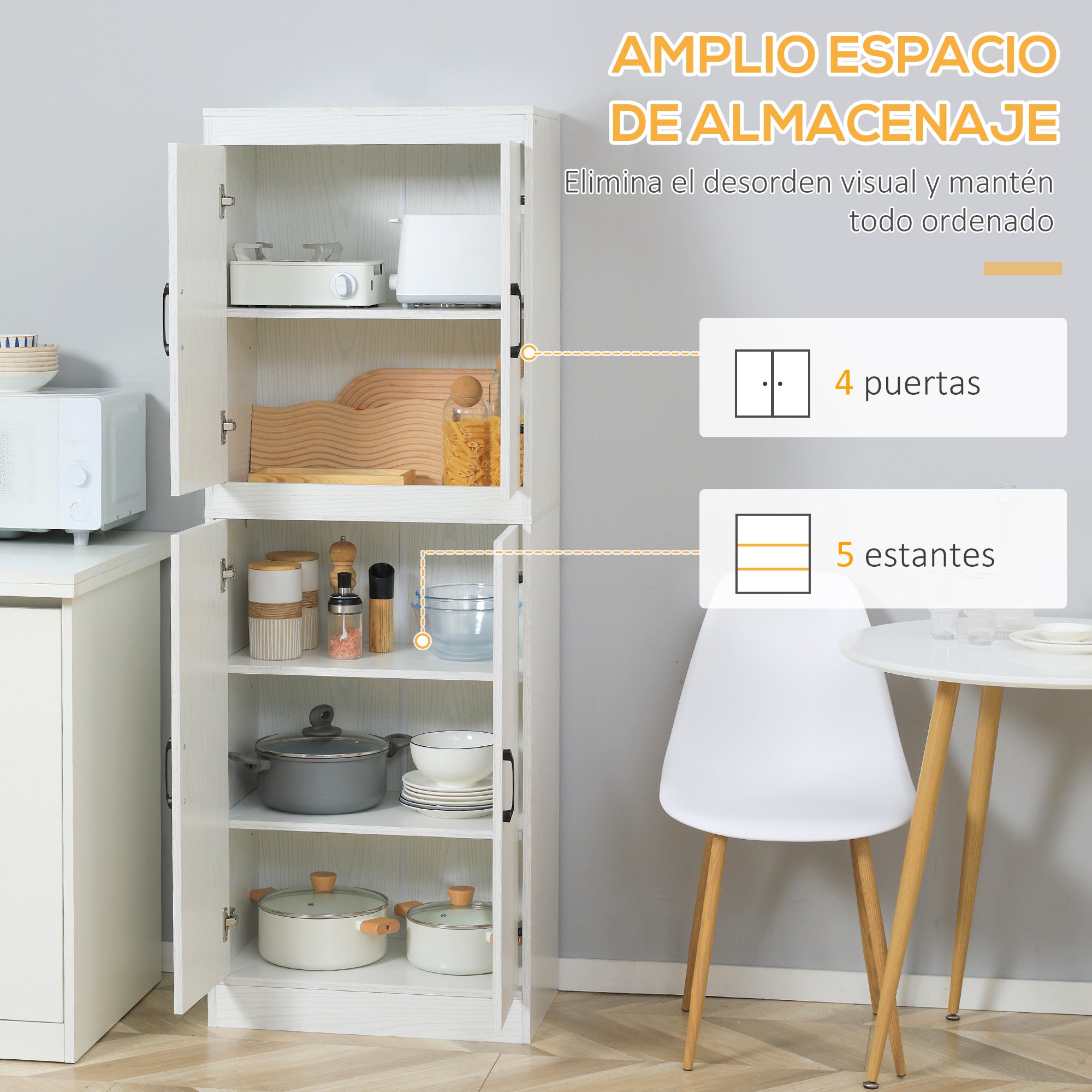 Kitchen Sideboard Pantry Cabinet Auxiliary Kitchen Furniture with 4 Doors and 5 Open Shelves for Dining Room Living Room Modern Style Anti-tip 60x36x168 cm White