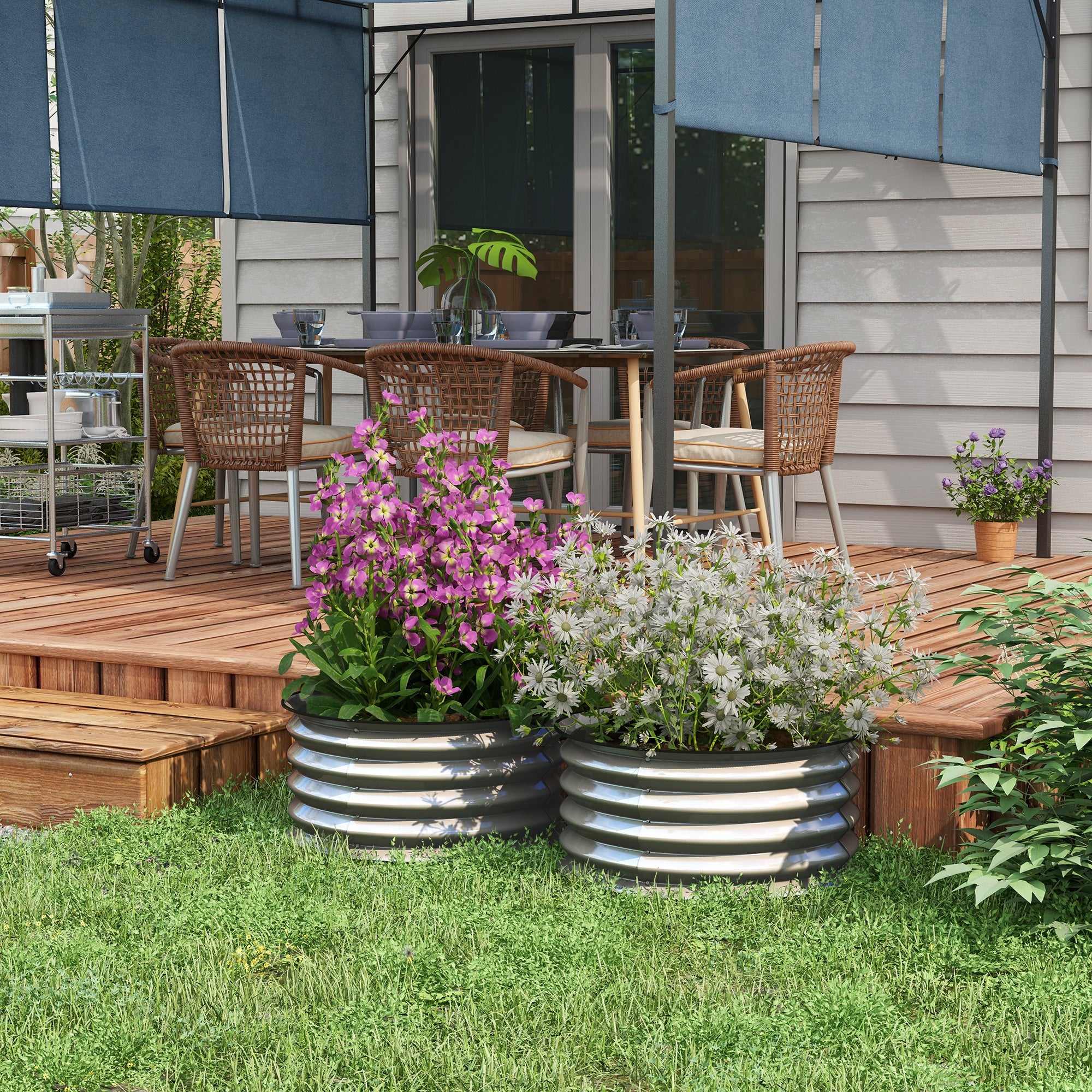 Raised Bed Set of 2 Metal Flower Boxes, Herb Bed, Plant Box with Open Bottom, Vegetable Bed for Garden, Balcony, Silver, 60 x 60 x 30 cm