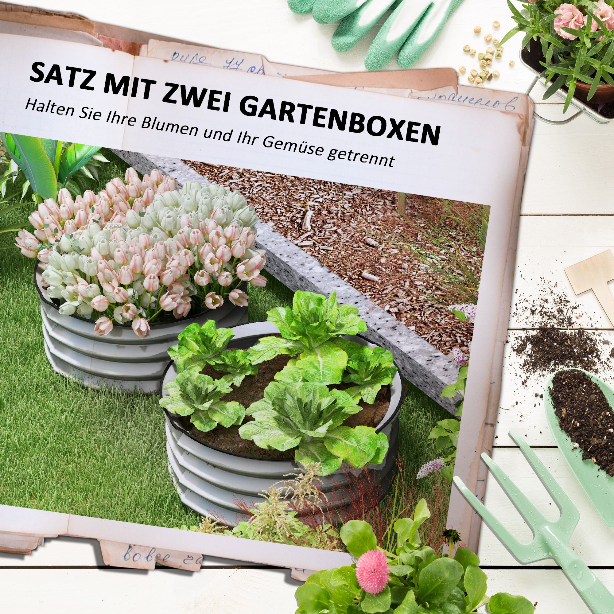Raised Bed Set of 2 Metal Flower Boxes, Herb Bed, Plant Box with Open Bottom, Vegetable Bed for Garden, Balcony, Silver, 60 x 60 x 30 cm