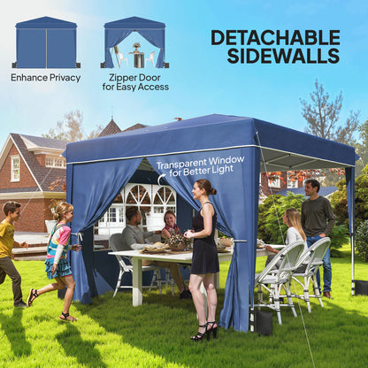 3 x 3 m (10'x10') Waterproof Pop-Up Canopy, Adjustable Height, 2 Removable Sidewalls, UV50+, Foldable Party Tent with Carry Bag & Sandbags — Dark Blue