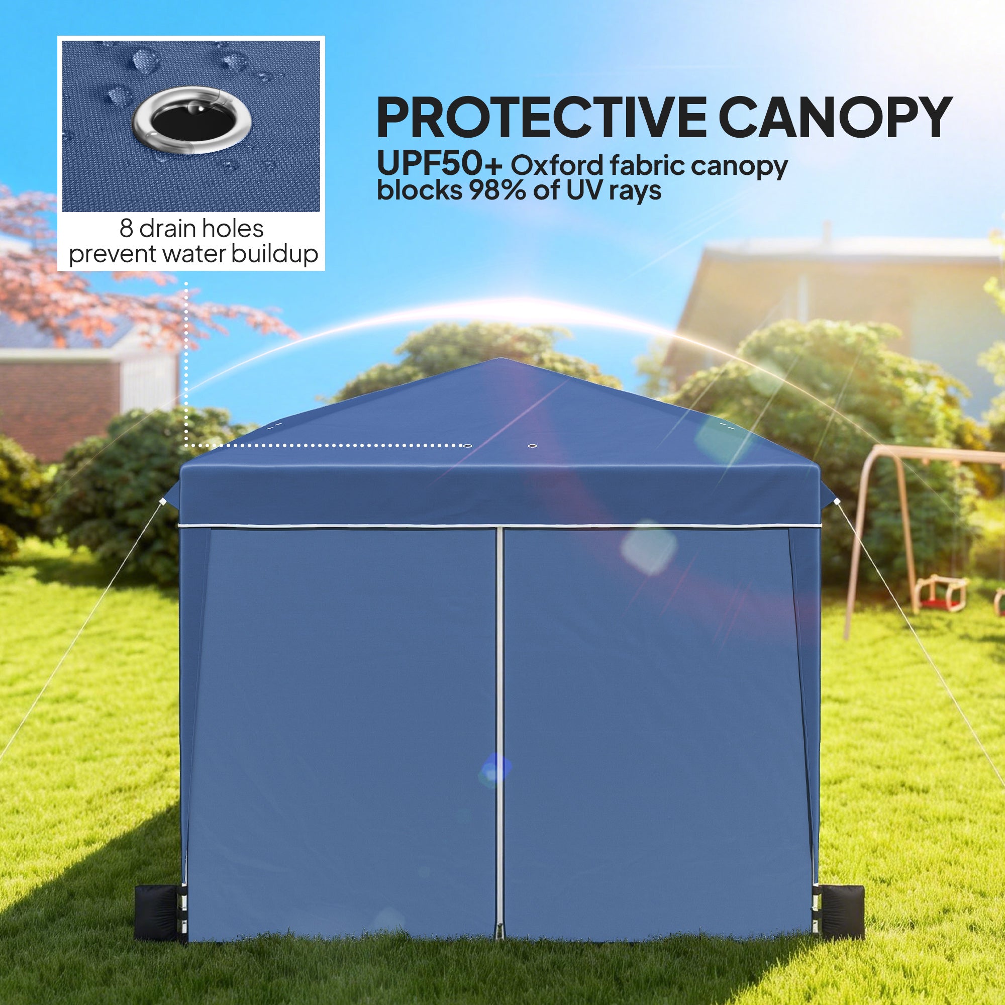 3 x 3 m (10'x10') Waterproof Pop-Up Canopy, Adjustable Height, 2 Removable Sidewalls, UV50+, Foldable Party Tent with Carry Bag & Sandbags — Dark Blue