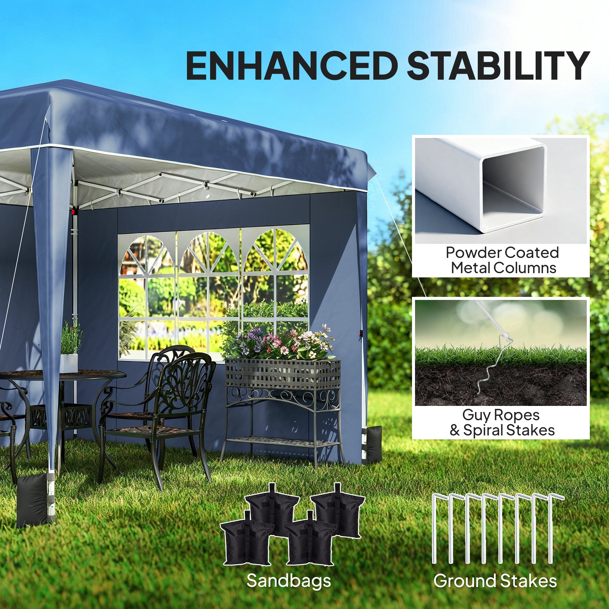 3 x 3 m (10'x10') Waterproof Pop-Up Canopy, Adjustable Height, 2 Removable Sidewalls, UV50+, Foldable Party Tent with Carry Bag & Sandbags — Dark Blue