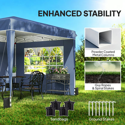 3 x 3 m (10'x10') Waterproof Pop-Up Canopy, Adjustable Height, 2 Removable Sidewalls, UV50+, Foldable Party Tent with Carry Bag & Sandbags — Dark Blue