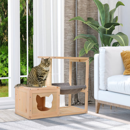 Cat House with Hammock, Cat Box with Sisal Post, Cat Cave, Cat Tree, Cat Activity Center, Pine Wood, Natural, 70 x 35 x 60 cm