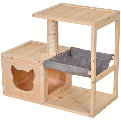 Cat House with Hammock, Cat Box with Sisal Post, Cat Cave, Cat Tree, Cat Activity Center, Pine Wood, Natural, 70 x 35 x 60 cm
