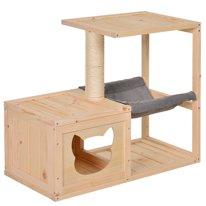 Cat House with Hammock, Cat Box with Sisal Post, Cat Cave, Cat Tree, Cat Activity Center, Pine Wood, Natural, 70 x 35 x 60 cm