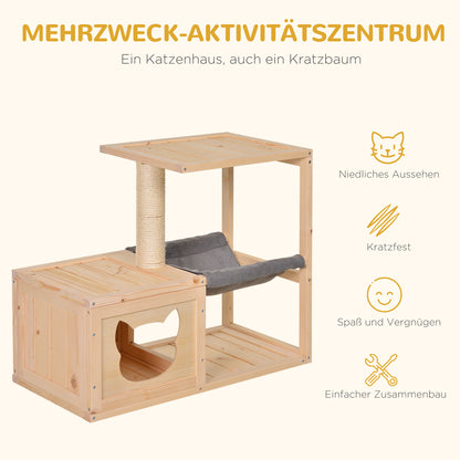 Cat House with Hammock, Cat Box with Sisal Post, Cat Cave, Cat Tree, Cat Activity Center, Pine Wood, Natural, 70 x 35 x 60 cm