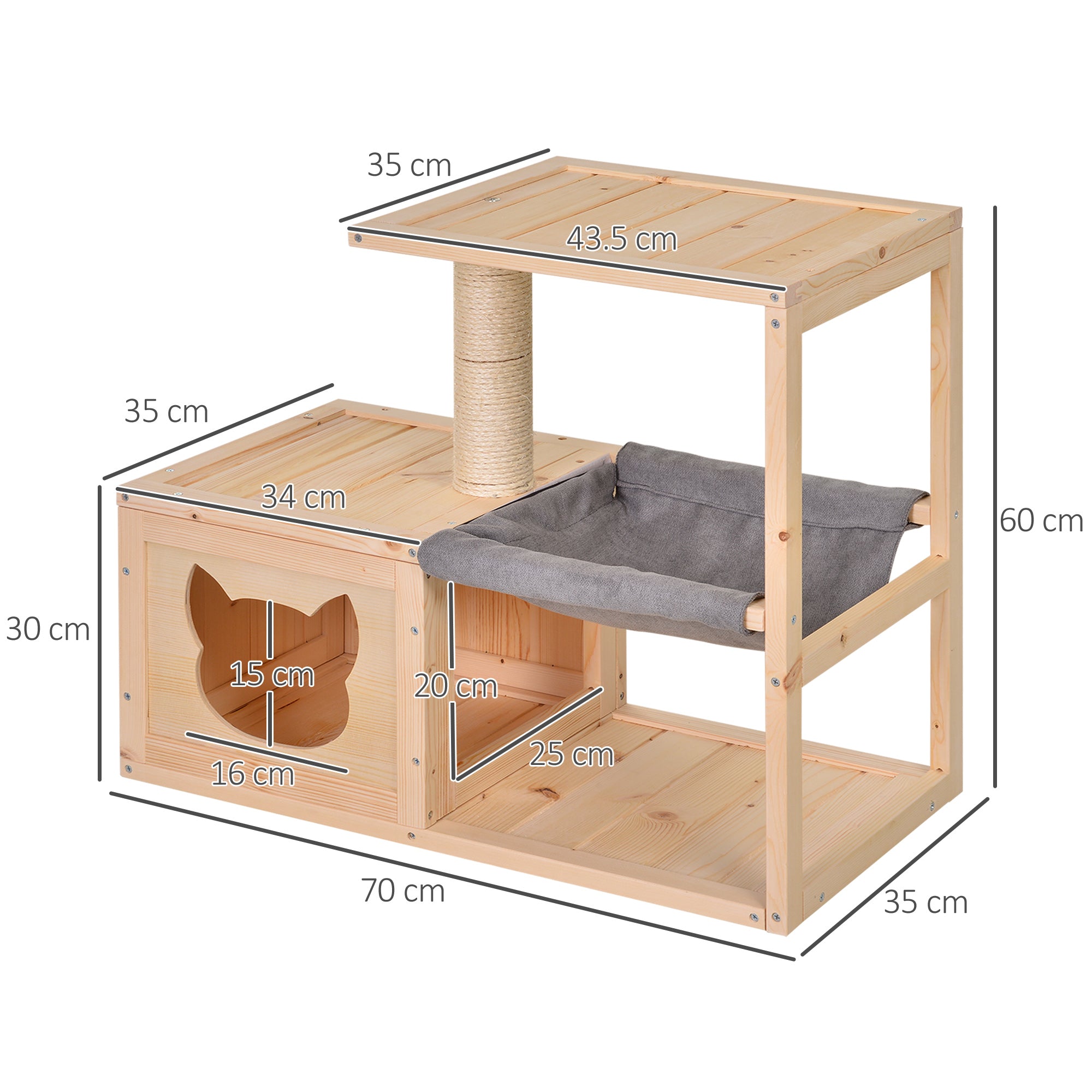 Cat House with Hammock, Cat Box with Sisal Post, Cat Cave, Cat Tree, Cat Activity Center, Pine Wood, Natural, 70 x 35 x 60 cm
