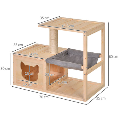 Cat House with Hammock, Cat Box with Sisal Post, Cat Cave, Cat Tree, Cat Activity Center, Pine Wood, Natural, 70 x 35 x 60 cm