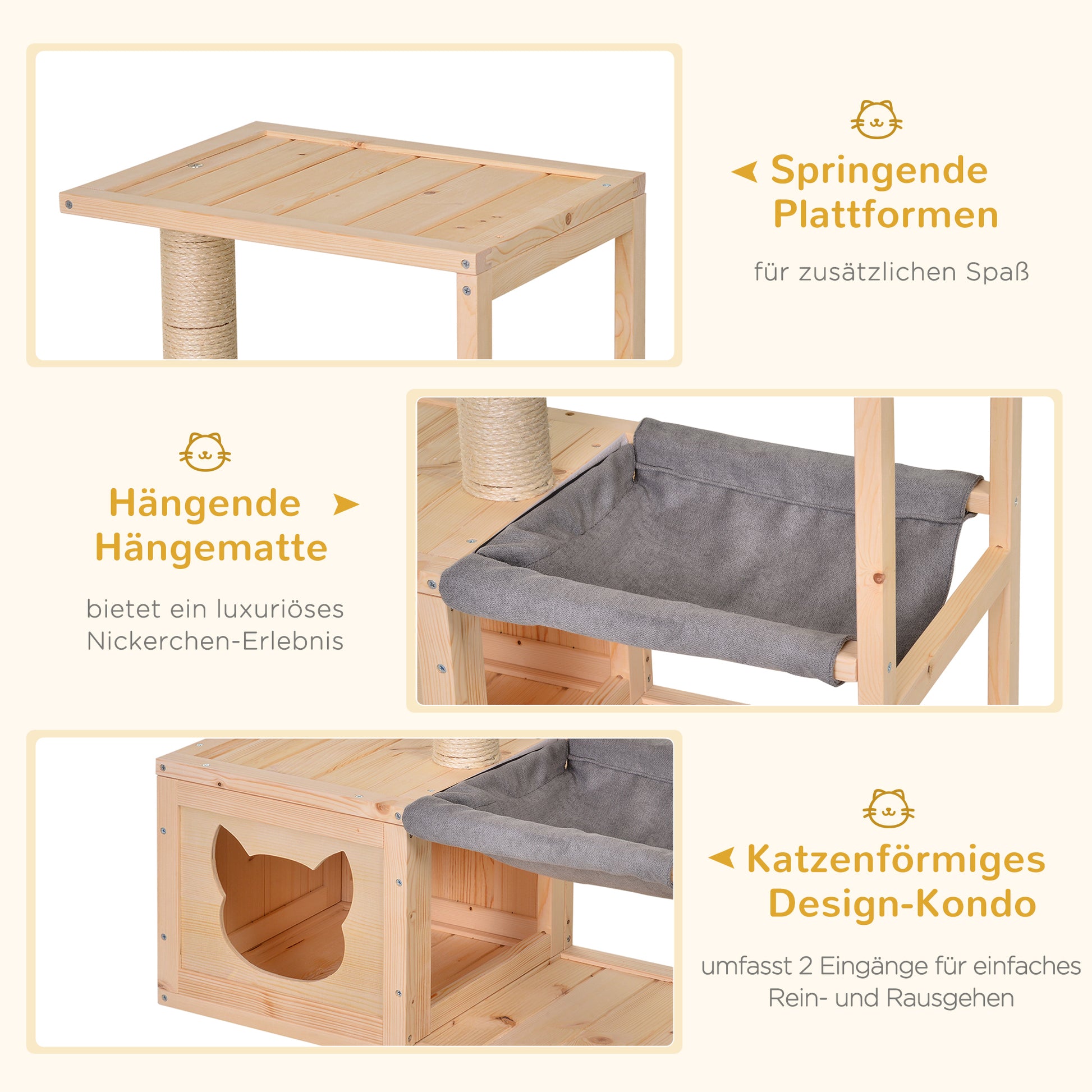 Cat House with Hammock, Cat Box with Sisal Post, Cat Cave, Cat Tree, Cat Activity Center, Pine Wood, Natural, 70 x 35 x 60 cm