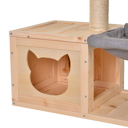 Cat House with Hammock, Cat Box with Sisal Post, Cat Cave, Cat Tree, Cat Activity Center, Pine Wood, Natural, 70 x 35 x 60 cm