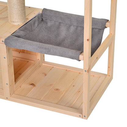 Cat House with Hammock, Cat Box with Sisal Post, Cat Cave, Cat Tree, Cat Activity Center, Pine Wood, Natural, 70 x 35 x 60 cm