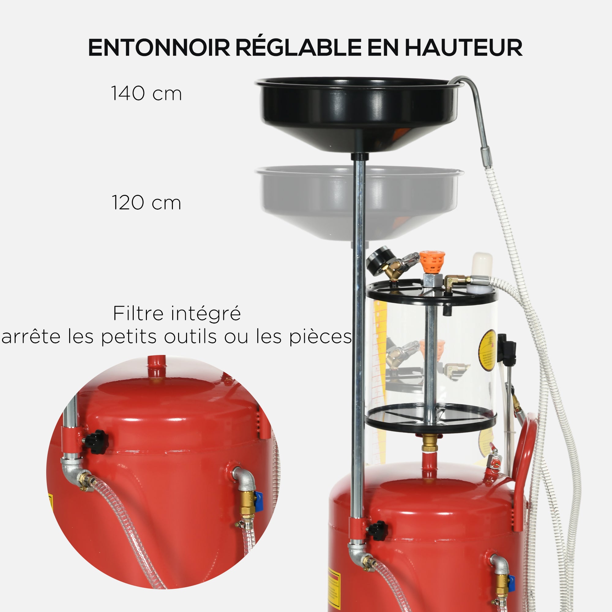 Portable 2-in-1 Adjustable Height Used Oil Drainer and 80L Pneumatic Oil Drainer, Equipped with Wheels in Red Color