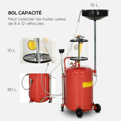 Portable 2-in-1 Adjustable Height Used Oil Drainer and 80L Pneumatic Oil Drainer, Equipped with Wheels in Red Color