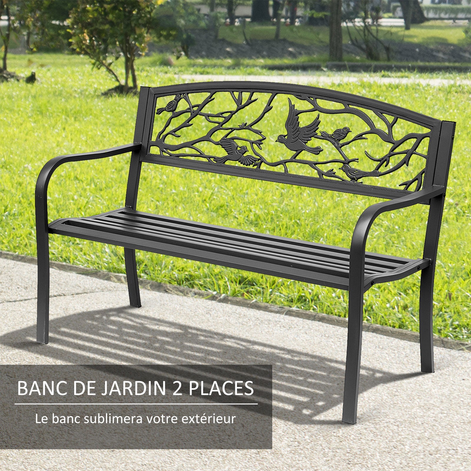 3-Seater Garden Bench Outdoor Garden Style Rural Chic for balcony terrace patio 127 x 60 x 85 cm sturdy anti-corrosion epoxy-coated metal Black