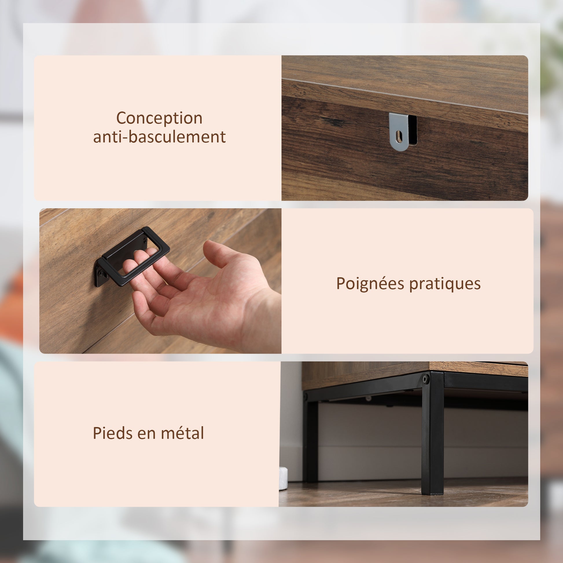 4-Drawer Dresser Industrial Design Storage Furniture with Black Metal Legs 80 x 39 x 95 cm Brown
