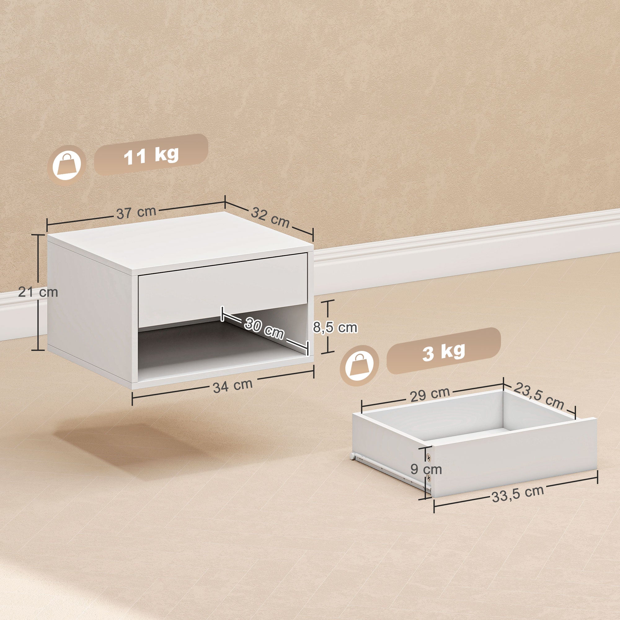 Set of 2 Wall-Mounted Nightstands – Floating Nightstands with Sliding Drawer, Open Compartment & Top Shelf, Modern Style, 37 x 32 x 21 cm (14.6 x 12.6 x 8.3 in), White